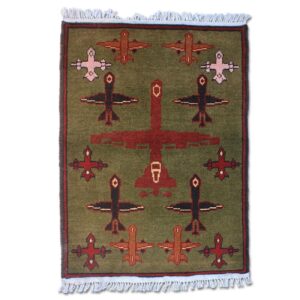 A handwoven Afghan rug, specifically a war rug, containing drones of various sizes and colors.