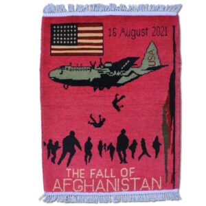 The fall of Afghanistan war rug showing the plane incident of Afghanistan. On August 16, 2021, a few civilians fell to their death trying to board an American aircraft leaving Kabul Airport during the Taliban Takeover of Afghanistan.
