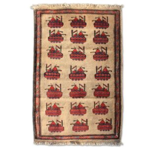 An Afghan war rug made out of wool containing images of tanks with a unique pattern surrounding the edges