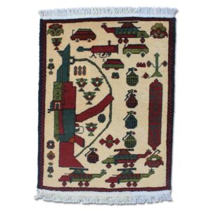 The loadout war rug, a handwoven Afghan rug containing a Kalashnikov (AK-47) rifle, military helicopters, grenades and other military equipment. This beautiful war rugs highlights the morbid reality of recent events in Afghanistan. Get yours at reconistan.com